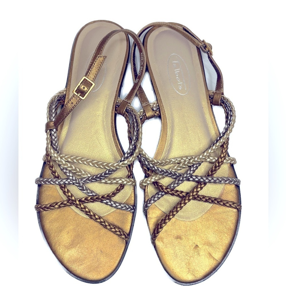 Talbots Metallic Gold Leather Braided Crisscross Straps Flat Sandal Narrow Sz 8